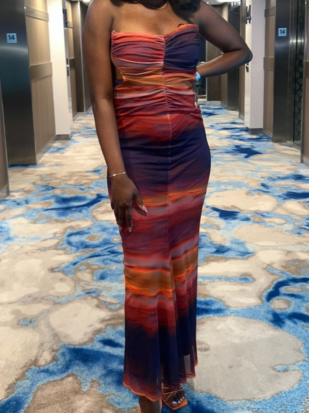 Strapless Sunset-Stripe Maxi Dress in Red and Purple